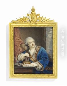 Stanislas Ii Augustus Poniatowski (1732-1798), King Of Poland, In Fur-bordered Blue Robe, Frilled Shirt, Seated At A Desk, His Right Hand On An Hour Glass Next To A Crown by Wincenty de Lesseur