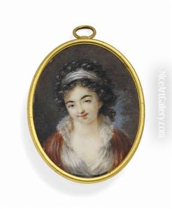 A Girl, In White Open-neck Dress, Orange Shawl Draped Over Her Shoulders, White Bandeau In Her Curling Hair; Foliate Background