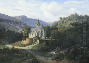 Gotische Waldkapelle In Einem Gebirgstal, Vorne Eine Brucke Uber Einen Bach