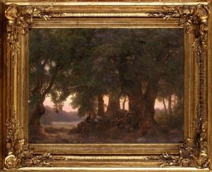 Abendlicher Eichenwald Mit Wilderer-fuhrwerk