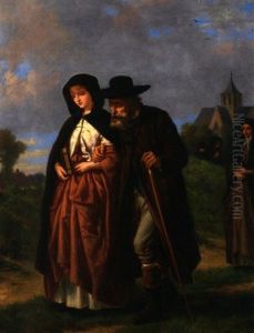 Sonntaglicher Kirchgang. Junge Frau Und Alter Mann, Im Hintergrund Die Dorkfirche