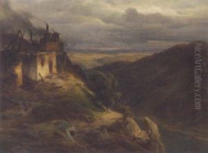 Berglandschaft Mit Verwundetem Soldat Und Brennender Ruine