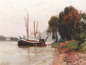Schleppdampfer Bei Bad Honnef Am Rhein by Konrad Ludwig Lessing