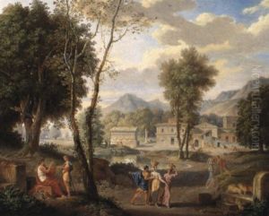 Baumbestandene Landschaft Mit Figuren Im Vordergrund by Pierre-Etienne Lesueur