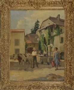 Am Stadtischen Brunnen Treffen Ein Hirte Mit Rind Und Drei Frauen Mit Wasserkrugen Zusammen