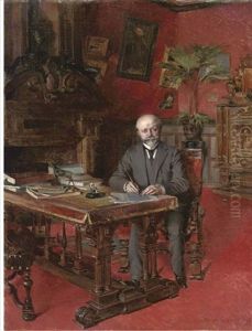 Portrait Of A Gentleman, Full-length, Seated At His Desk, In A Grey Suit, A Pen In His Right Hand