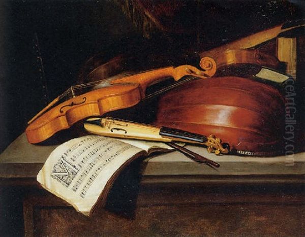 A Violin, A Pocket Violin, Lutes, A Musical Score And Books On A Stone Ledge - view 1