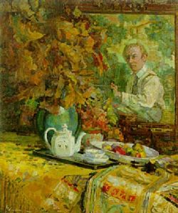 The Artist's Reflection: Self Portrait Of The Artist With A Still Life Of Flowers And Fruits On A Table by Hector Letellier