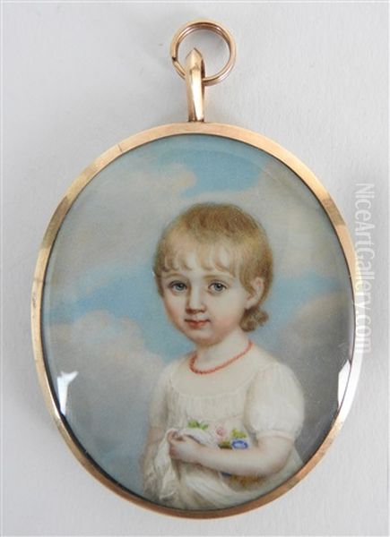 A Portrait Miniature Of A Young Girl Wearing A White Dress And Coral Necklace With Flowers Gathered In Her Skirt - view 1