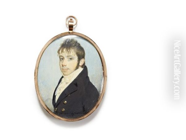 A Portrait Of A Gentleman, Wearing Dark Blue Double-breasted Coat, White Waistcoat, Chemise, Stock And Tied Cravat - view 1