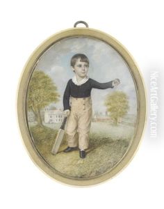 A Young Boy, Standing Before A House And Stables, Wearing Black Shoes, Buff Breeches, Dark Blue Jacket And White Collar With Frilled Edge, His Cricket Bat In His Right Hand by Walter Stephens Lethbridge