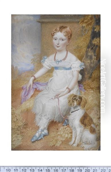 A Young Girl, Seated In A Landscape, Wearing White Decollete Dress With Blue Ribbon Sash, The Lead Of Her Spaniel In Her Left Hand - view 1