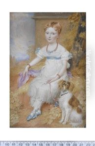 A Young Girl, Seated In A Landscape, Wearing White Decollete Dress With Blue Ribbon Sash, The Lead Of Her Spaniel In Her Left Hand by Walter Stephens Lethbridge