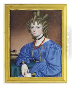 A Young Lady, Seated At A Table With A Jewel Casket, In Blue Dress With Puff Sleeves, A Long Gold Chain Tucked Into Sash Worn Around Waist, Coral Necklace by Walter Stephens Lethbridge