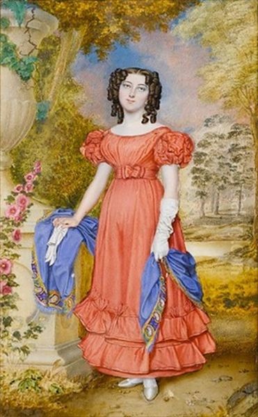 A Lady, Wearing Salmon-colored Dress With Puffed Sleeves And Flounced Skirt, Ivory Satin Slippers, A Blue Shawl With Yellow And Green Border Around Her Waist - view 1