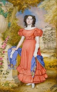 A Lady, Wearing Salmon-colored Dress With Puffed Sleeves And Flounced Skirt, Ivory Satin Slippers, A Blue Shawl With Yellow And Green Border Around Her Waist by Walter Stephens Lethbridge