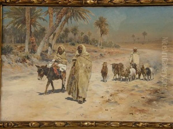 Arab Goatherd With Other Figures One Riding On A Donkey - view 1