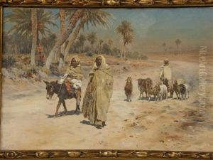 Arab Goatherd With Other Figures One Riding On A Donkey
