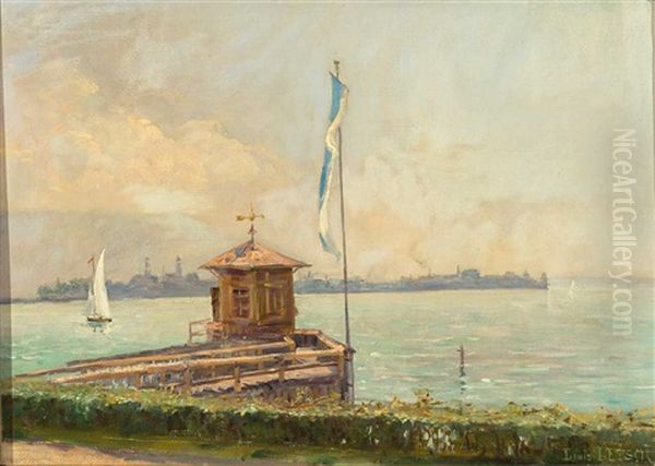 Blick Vom Schachener Ufer Mit Badehauschen Uber Den Bodensee Auf Die Insel Lindau - view 1