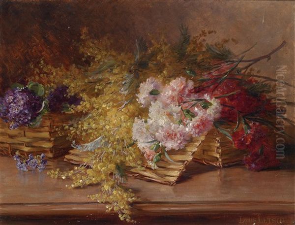 Weidenkorb Mit Nelken, Mimosen Und Veilchen - view 1