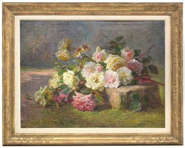 Stilleben Mit Weisen Und Rosa Rosen Auf Einem Steinpodest - view 1