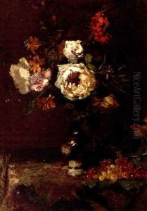 Summer Blooms In A Vase, Redcurrants And Whitecurrants On A Draped Table Summer Blooms In A Vase, Redcurrants And Whitecurrants On A Draped Table