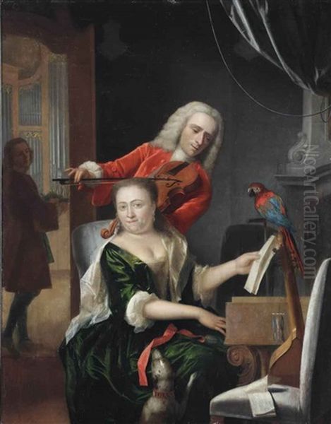 A Man And A Woman Making Music In An Interior, With A Dog And A Parrot - view 1