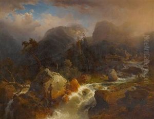 Gebirgslandschaft Mit Wasserfall by August Leu the Younger