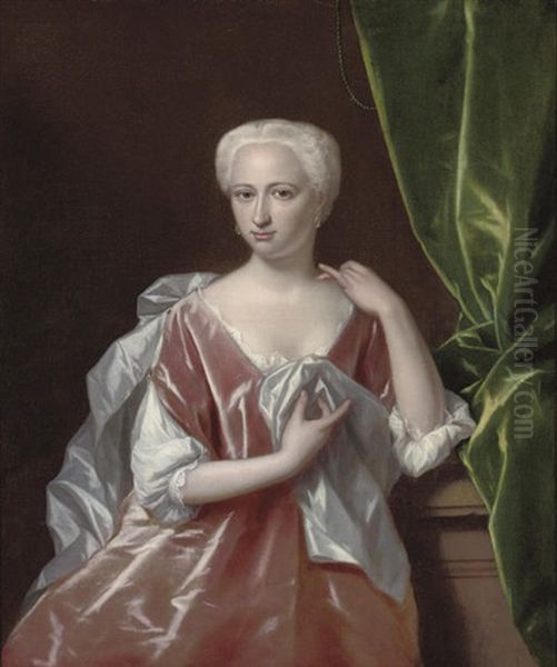 Portrait Of A Lady In A Pink Dress And Grey Mantle, By A Plinth - view 1
