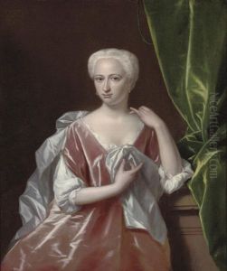 Portrait Of A Lady In A Pink Dress And Grey Mantle, By A Plinth by August Leu the Younger