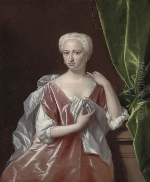 Portrait Of A Lady In A Pink Dress And Grey Mantle, By A Plinth, A Green Curtain Draped To Her Left - view 1