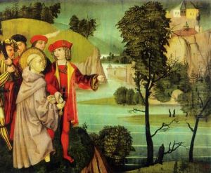 Personnages Et Moine Arrivant En Vue D'une Abbaye