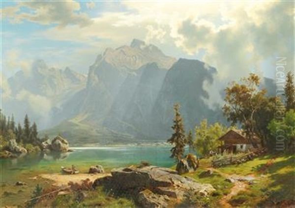 Mountain Lake With Chalet And Decorative Figures - view 1