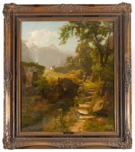 Femme Au Fagot Dans Un Paysage De Montagnes