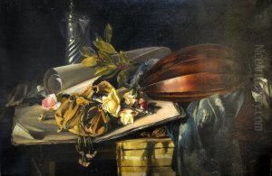 Still Life With A Mandolin, Flagon And Flowers by Bela Benczur