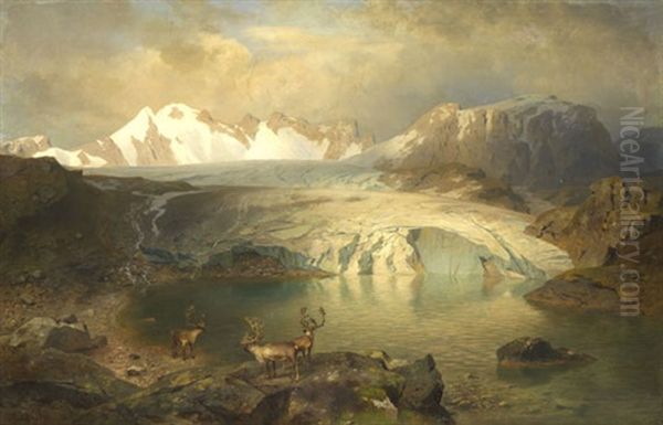 Fjordlandschaft Mit Gletscher Und Rentieren - view 1