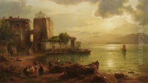 Capri. Butes Treiben In Einer Von Der Abensonne Beschienenen Bucht by August Wilhelm Leu