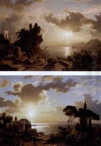 Italian Coastal Scene At Sunset (+ Another; Pair) by August Wilhelm Leu