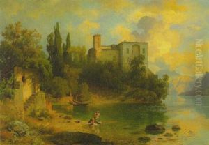 An Einem Oberitalienischen See, Vorn Wascherinnen Am Ufer Und Eine Klosteranlage Im Hintergrund