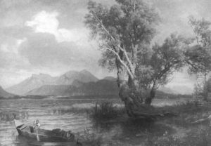 Seeuferlandschaft - Zwei Madchen In Einem Boot Mit Hund Seeuferlandschaft - Zwei Madchen In Einem Boot Mit Hund