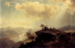 Bjerglandskab Med Kvaeg Og Geder Pa Et Klippefremspring by August Wilhelm Leu