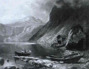 Fischer Mit Nachen Am Schweizer Gebirgssee by August Wilhelm Leu