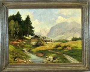 Berglandschaft Mit Hutte Am Bachlauf by Oskar Leu