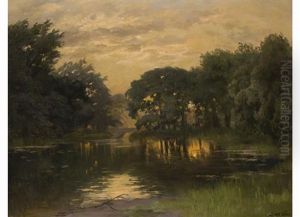 Parklandschaft Mit Teich Und Brucke Im Gegenlicht Der Abendsonne