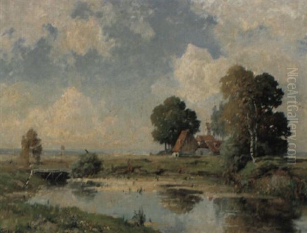 Sommerliche Fluslandschaft Mit Kirche Und Gehoft - view 1