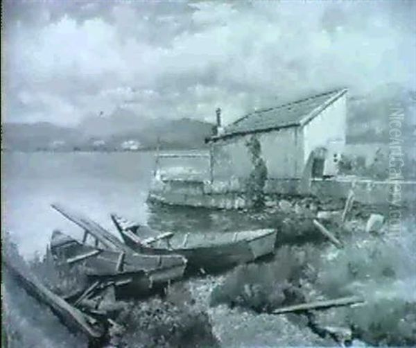 Fischerboote Und Hutte Am Seeufer Vor Bergpanorama - view 1