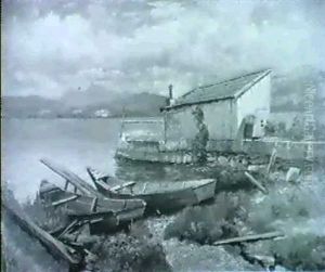 Fischerboote Und Hutte Am Seeufer Vor Bergpanorama by Oskar Leu