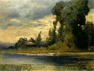 Abendliche Flusslandschaft Mit Malerischer Baumgruppe Im Gegenlicht by Otto-Friedrich Leu