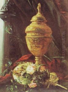 Jenny Linds Scendekoration, Stilleben Med Pokal Och Blommor by Adelaide Leuhusen