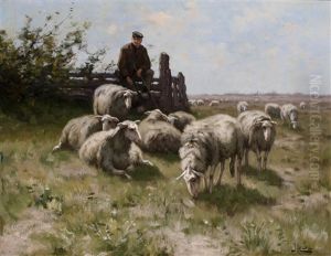 Shepherd With Sheep In A Sunny Pasture by Johannes Karel Leurs